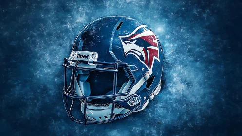 Blue gridiron helmet with stylized red white hawk emblem.