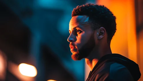 Man in profile under neon blue and orange city lights