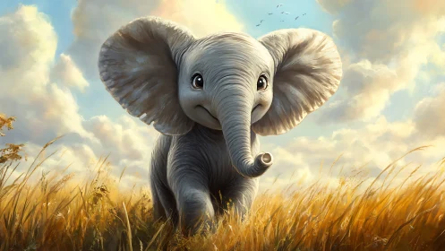 Baby elephant runs through sunlit savanna grassland.