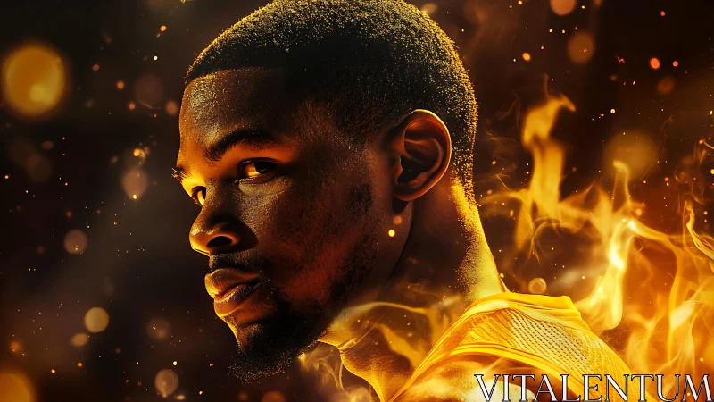 Intense athlete portrait rendered with fiery particle effects and rim lighting