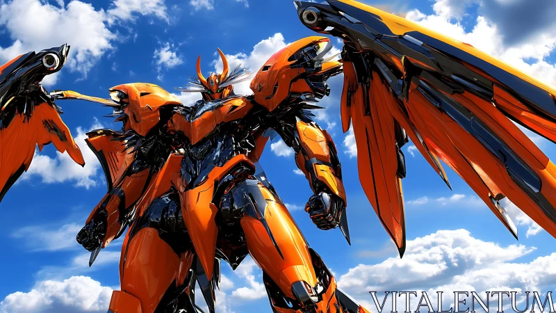Skyborne orange mech guardian poised above bright clouds.
