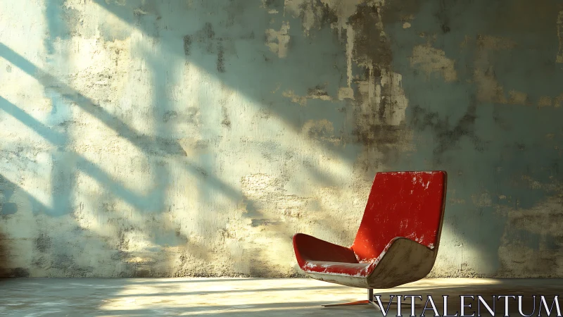 Worn red lounge chair in sunlit industrial concrete interior