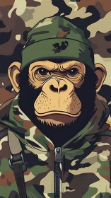 Grim camo chimp commander stares down an unseen jungle.