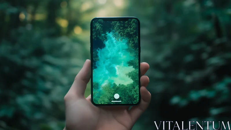 Smartphone screen reflecting vivid forest river perspective.