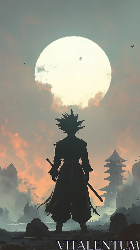 Silhouetted warrior before full moon and distant pagoda.