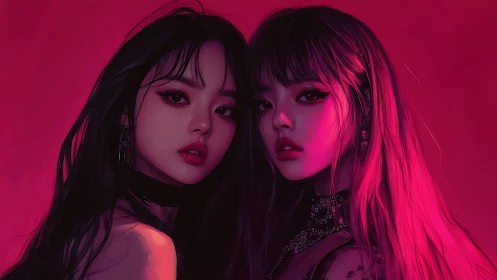 Neon mirror muses in crimson glow, twin gazes burning softly.