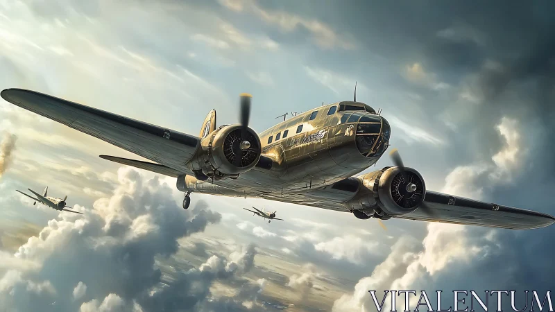 Vintage military bomber plane in dramatic cloudy sky scene.