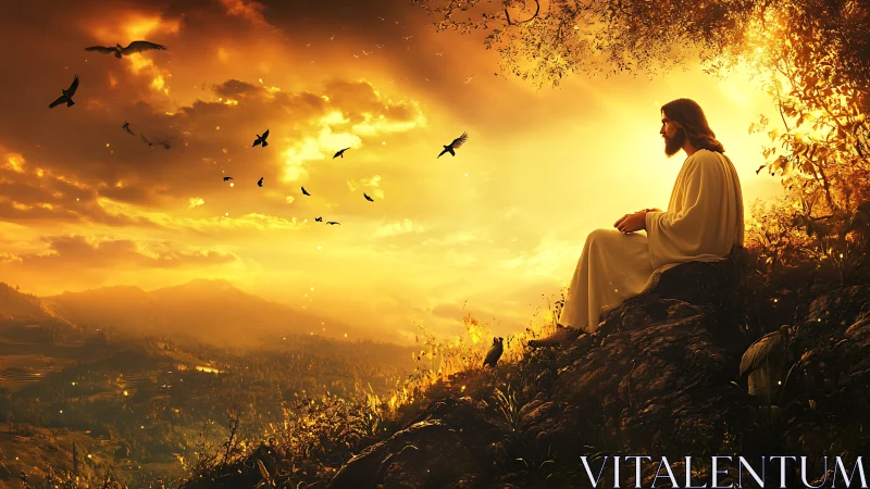 Solitary robed figure contemplates radiant golden valley sunset