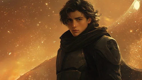 Stargazing wanderer in glowing desert twilight calm.