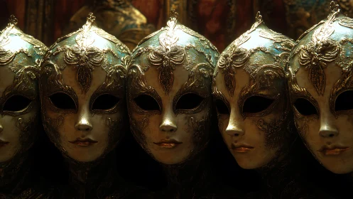 Ornate masquerade guardians whisper secrets in molten gold