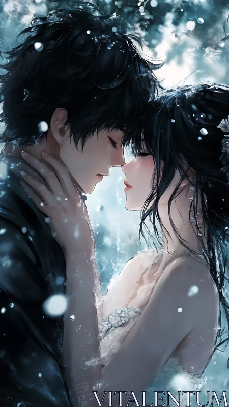 Romantic anime couple in close embrace amid snowfall.