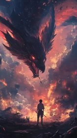 Human figure facing large dragon over burning landscape.