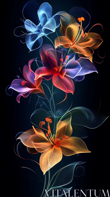 Luminous Petals Bloom: Neon Flowers Dance Against the Endless Night
