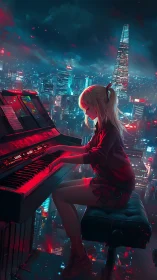 Solitary pianist plays neon-lit keyboard above cyberpunk city