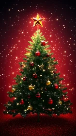 Glowing Christmas tree under a starry red holiday sky.
