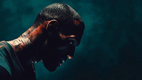 Sweat-drenched athlete profile under dramatic teal light.