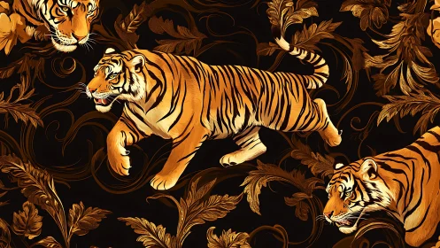 Midnight tigers prowl through baroque golden foliage tapestry.