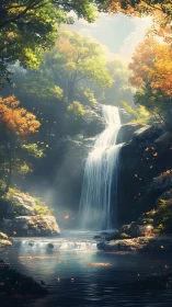 Autumn waterfall sanctuary bathed in drifting golden light.