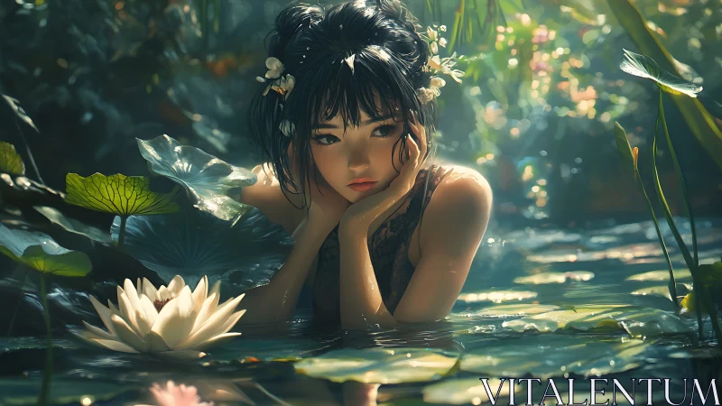 Melancholic water nymph among sunlit lily pads in bloom.