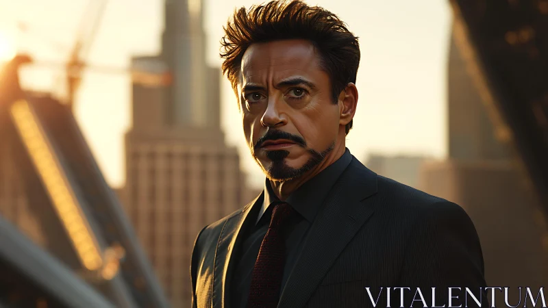 Sunlit city portrait captures determined suited man at dusk