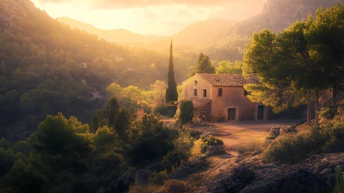 Sunlit stone farmhouse anchors a misty Mediterranean valley vista