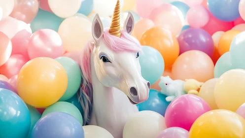 Unicorn statue stands among dense pastel balloons