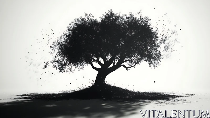 Silhouette tree dissolves into scattered particles across sky