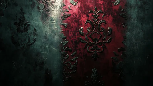 Ornate damask wall detail with central red textured panel.