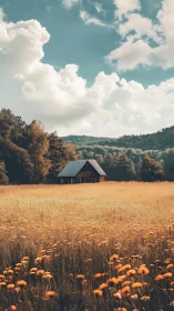 Rural wooden cabin in golden meadow under clouded sky.