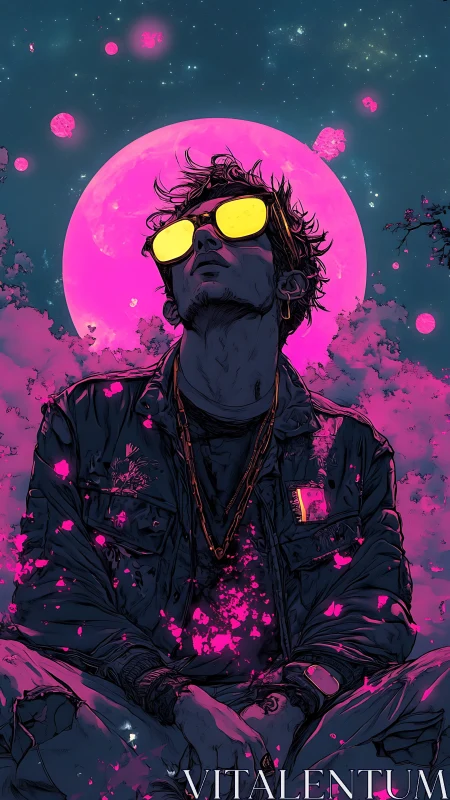 Neon-soaked drifter under glowing pink lunar halo.
