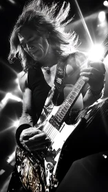 Guitarist performs on stage under intense directional lighting