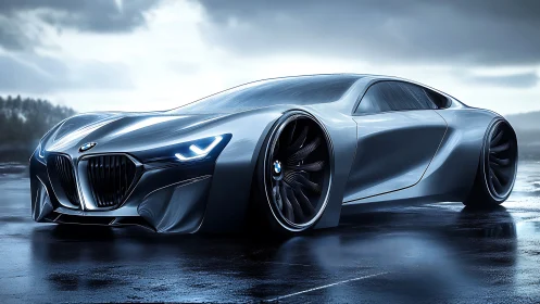 Futuristic BMW concept coupe on wet reflective roadway.