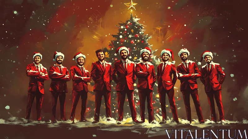 Festive men in red suits pose proudly before Christmas tree.