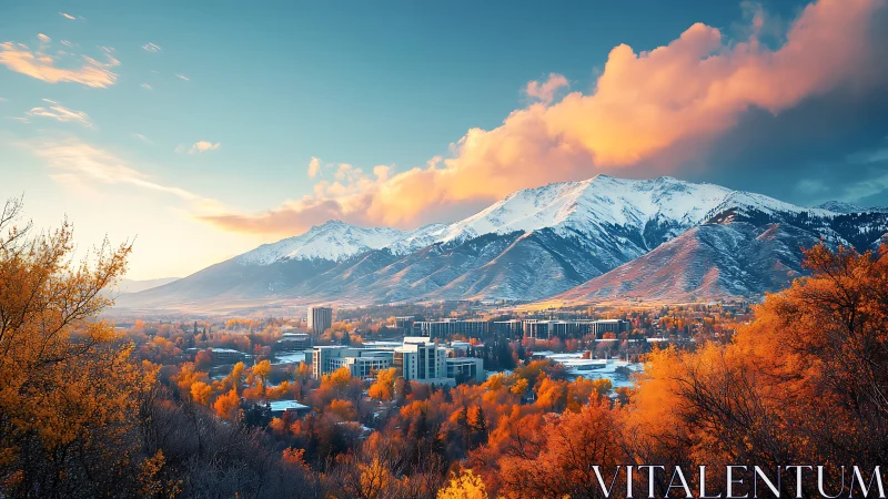 Autumn cityscape unfolds beneath snow-capped alpine mountains at dusk