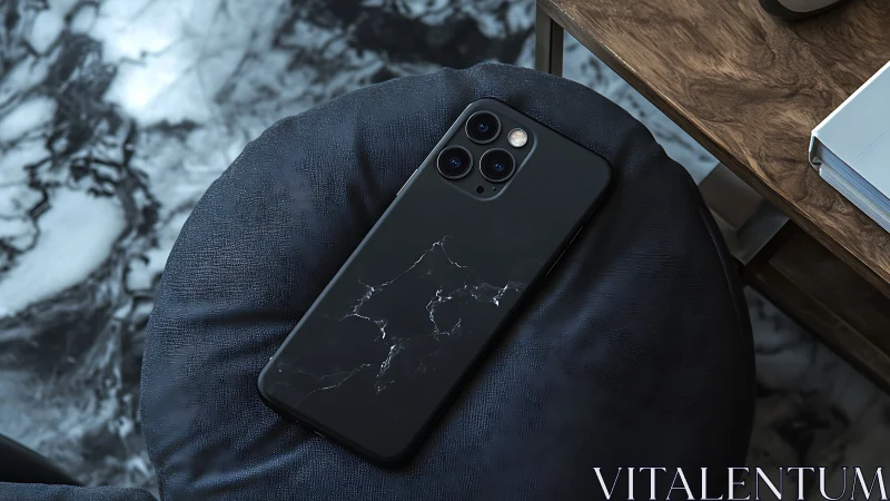 Midnight marble smartphone rests in a luxe modern vignette.