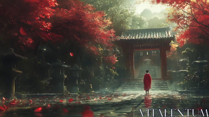 Solitary figure approaching rain-soaked Japanese temple gate