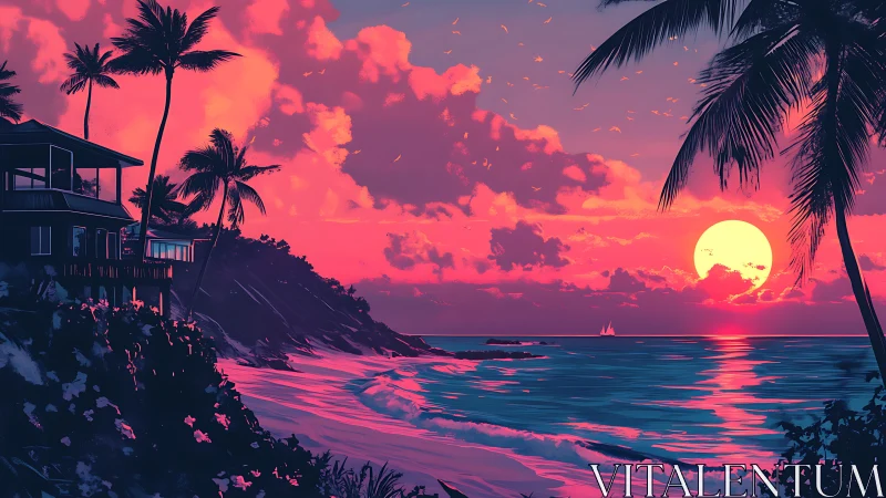 Tropical neon sunset washing the shoreline in soft glow.