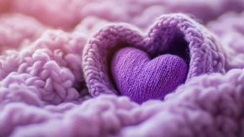 Knitted Purple Heart Nestled in Soft Wool Texture.