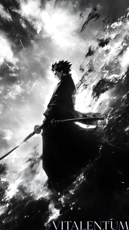 Samurai silhouette in monochrome storm cloud environment.