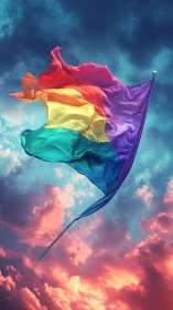 Pride rainbow flag soaring over vivid sunset clouds.