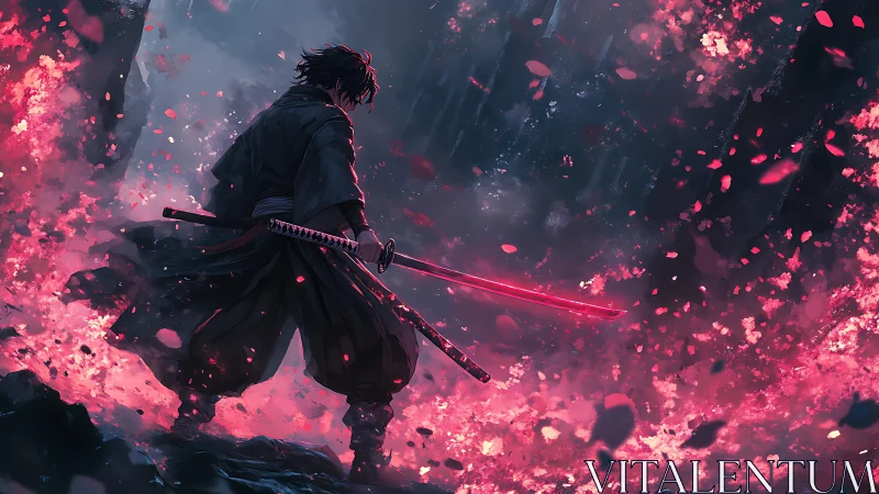 Dark swordsman stands in glowing red storm of petals.