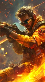 Blazing marksman dives through firestorm with neon reflections.