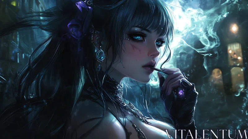 Midnight enchantress gazes through silver smoke and neon glow