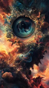 Cosmic gateway swirling above a dreamlike fiery landscape.