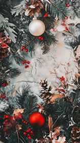 Festive pine branches with frosted cones and ornaments.