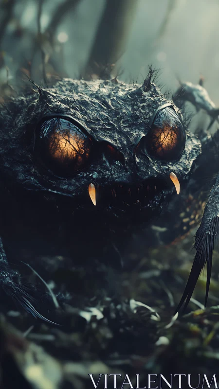 Monster creature crouches in misty forest ground cover