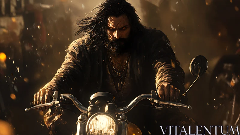 Bearded rider on cafe racer motorcycle in golden backlight