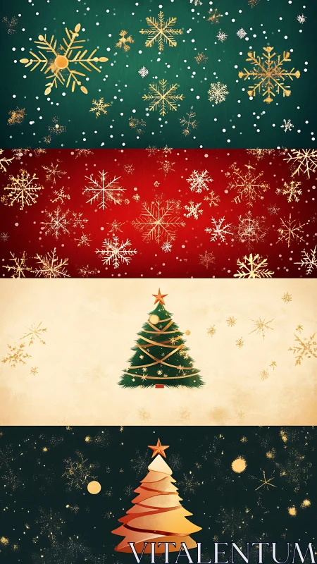 Christmas trees with golden snowflakes on festive panels.