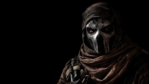 Hooded skull-masked soldier emerging from deep shadow.