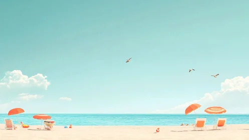 Minimalist pastel beach scene with umbrellas and chairs.